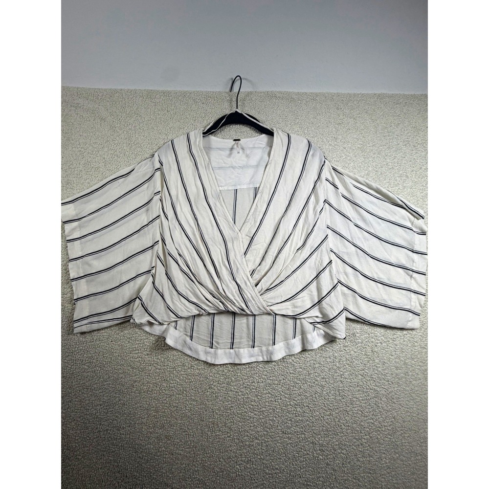 Free People Womens XS Ivory Black Stripe Wrap Blouse Dolman Sleeve Rayon Top
